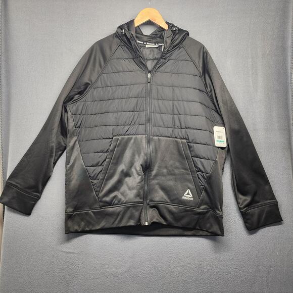 Reebok Jacket Mens XL Black Hybrid Hooded Full Zip Quilted Puffer Softshell NEW - Picture 1 of 15